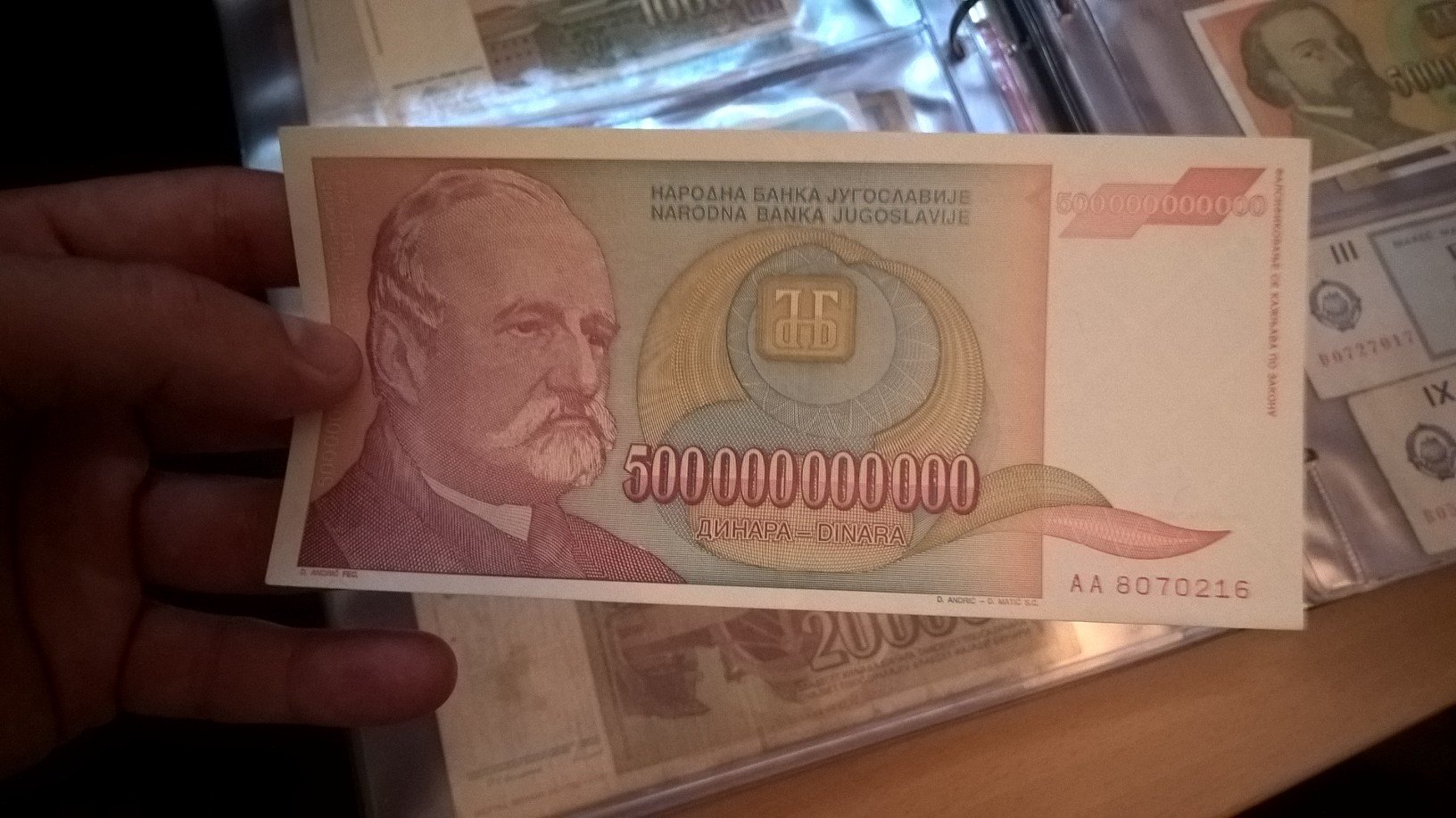 Yugoslav 500 billion (500,000,000,000) dinar banknote — the largest denomination from the 1993 Yugoslav hyperinflation, one of the worst in modern history.